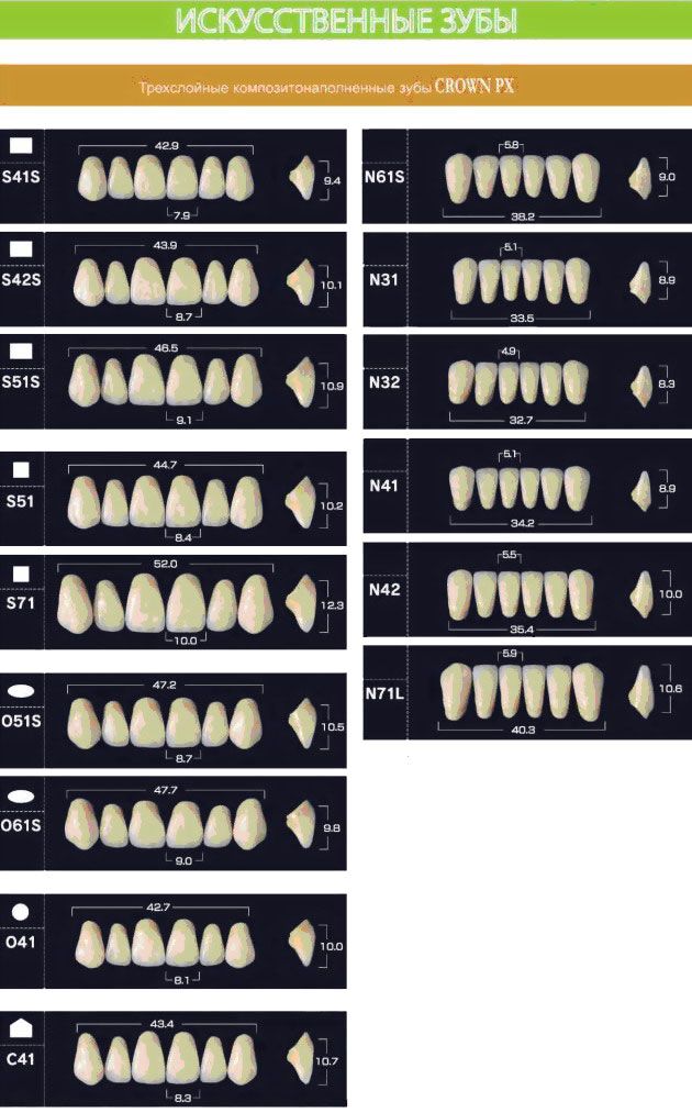 Зубы Crown PX Full Sets Композитные, трёхслойные,полный гарнитур 28 шт